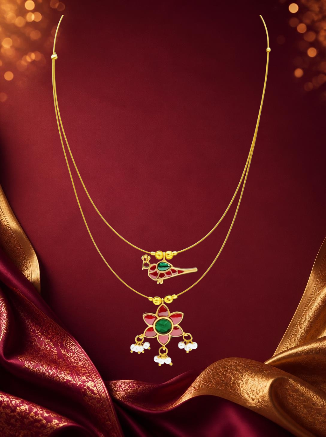 Jadau Invisible Chain – Ruby Bird & Flower