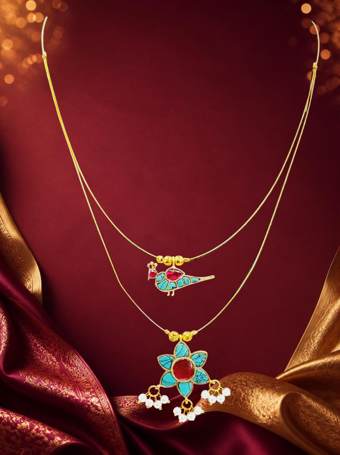 Jadau Invisible Chain – Turquoise Bird & Flower