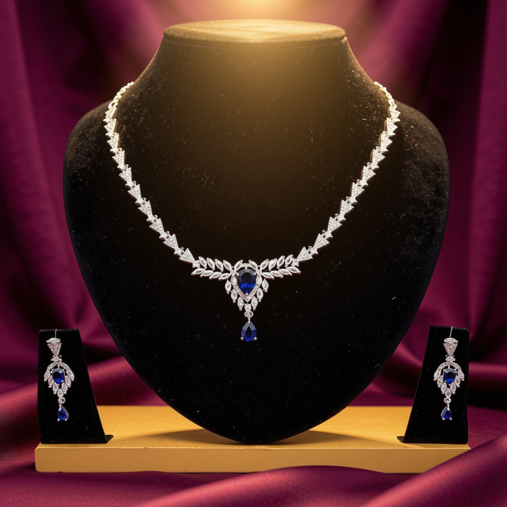 Exquisite Blue Sapphire Finish Necklace Set - view 3