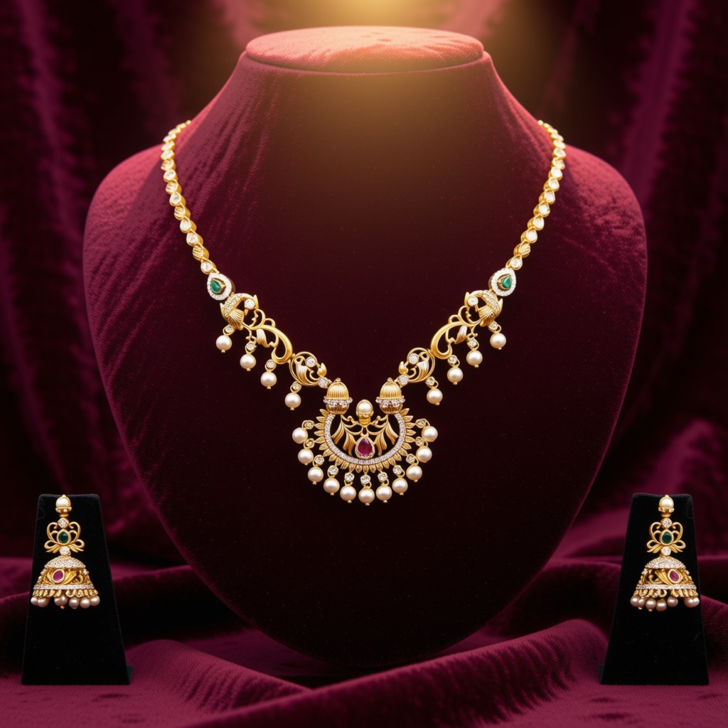 Traditional Temple Necklace Set With Elegant Pearls & Antique Finish