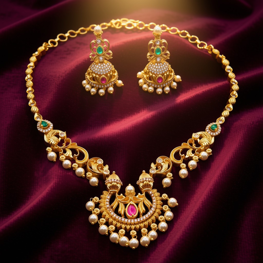 Traditional Temple Necklace Set With Elegant Pearls & Antique Finish  - view 2