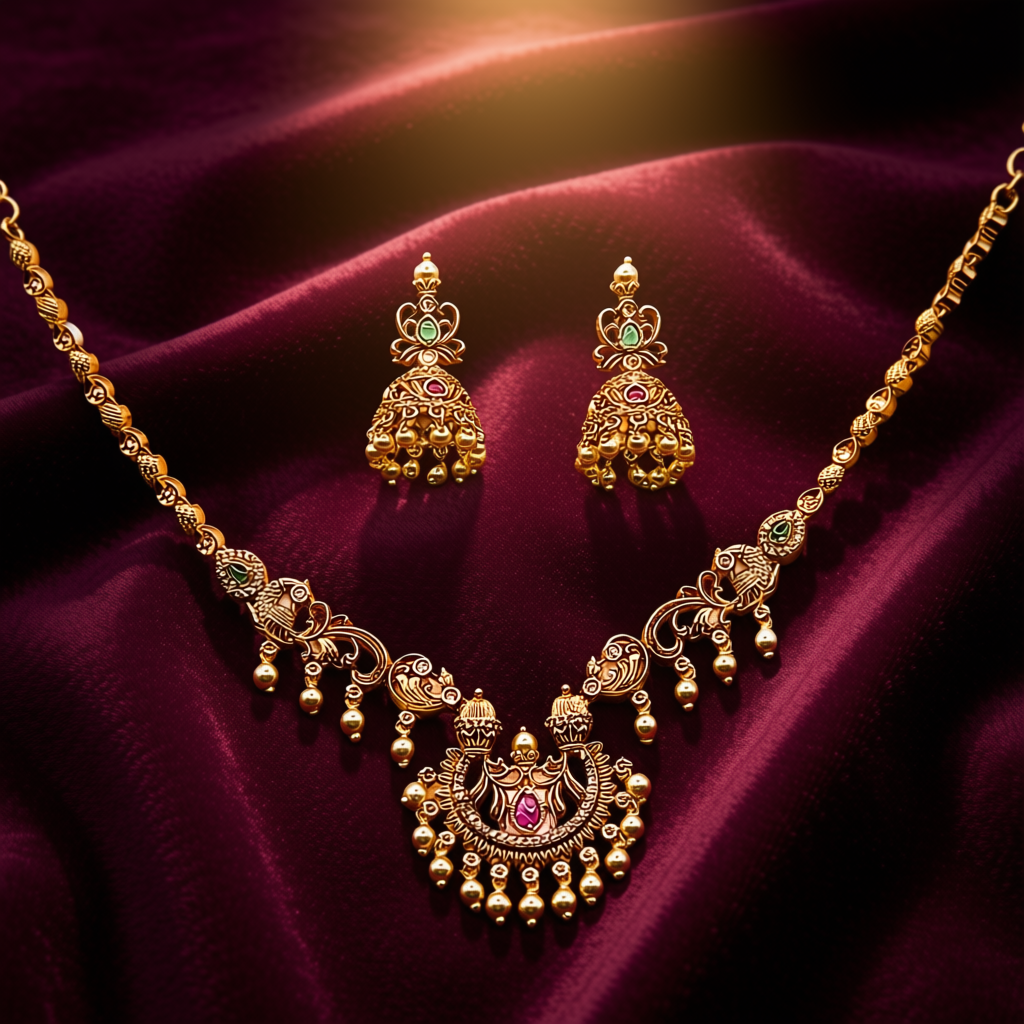 Traditional Temple Necklace Set With Elegant Pearls & Antique Finish  - view 3