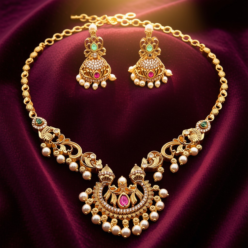 Traditional Temple Necklace Set With Elegant Pearls & Antique Finish  - view 4