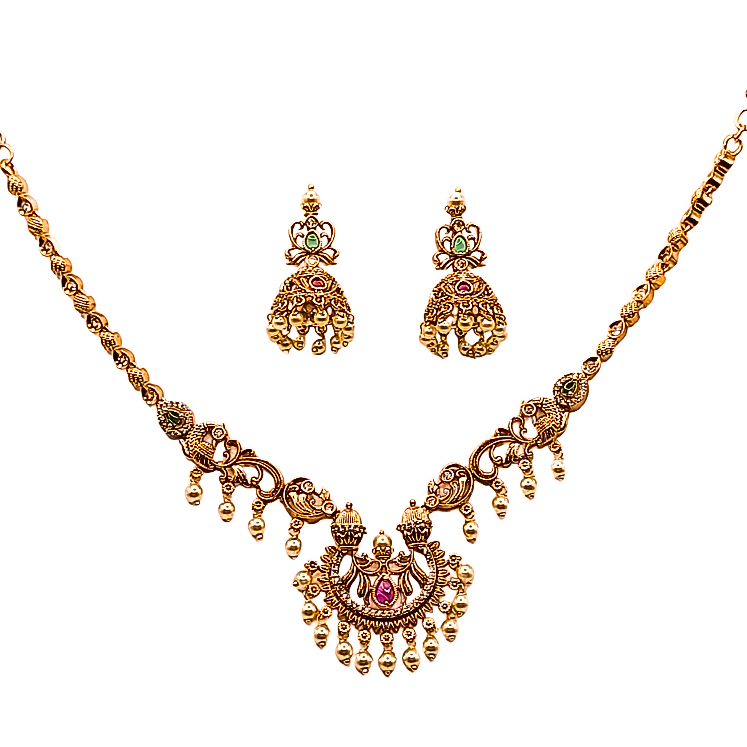 Traditional Temple Necklace Set With Elegant Pearls & Antique Finish  - view 5