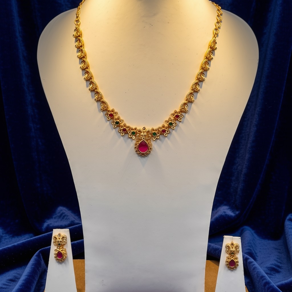 Elegant Kemp Ruby & Emerald Stones & CZ Accent Necklace Set