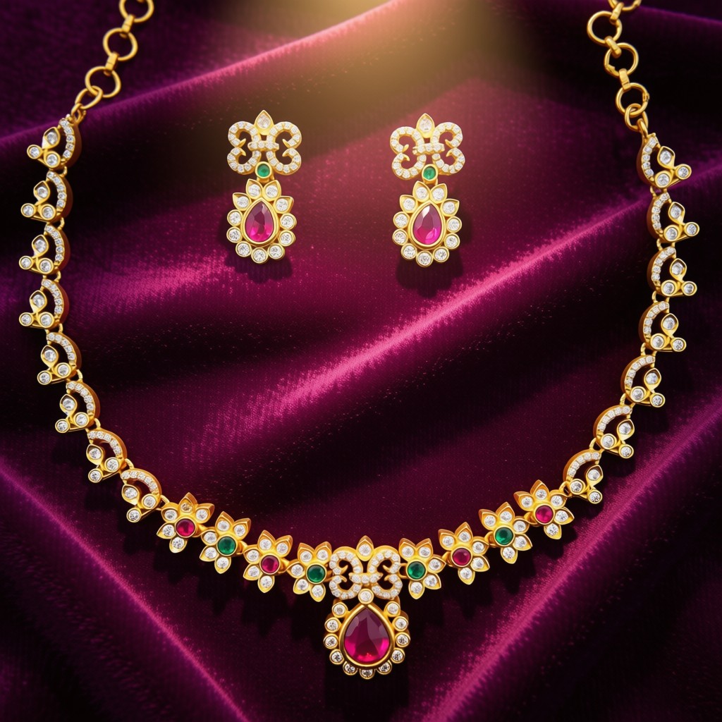 Elegant Kemp Ruby & Emerald Stones & CZ Accent Necklace Set - view 2