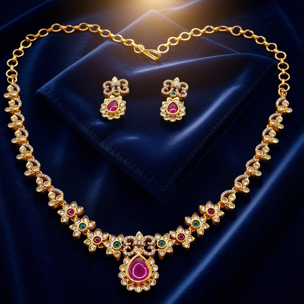 Elegant Kemp Ruby & Emerald Stones & CZ Accent Necklace Set - view 3