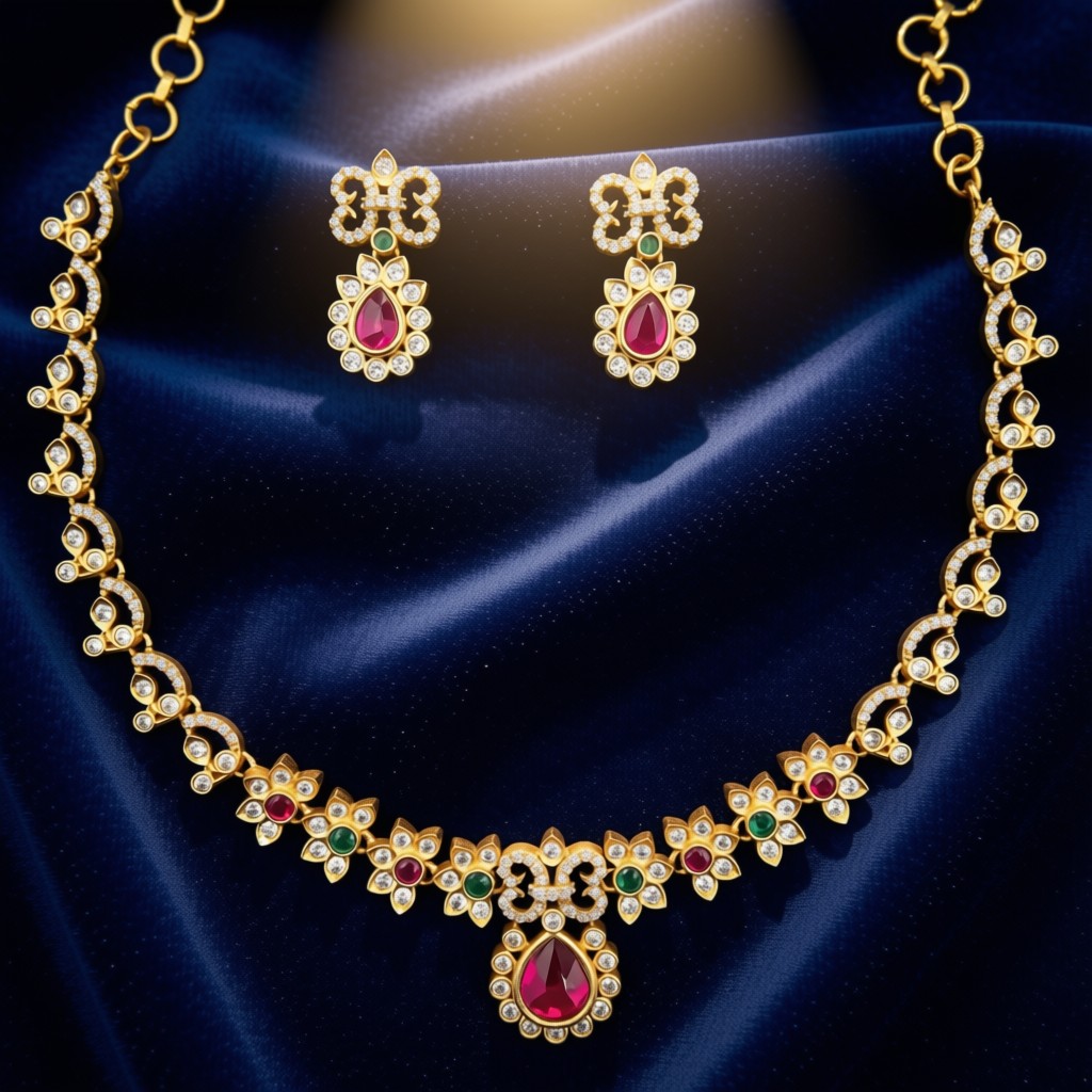 Elegant Kemp Ruby & Emerald Stones & CZ Accent Necklace Set - view 5