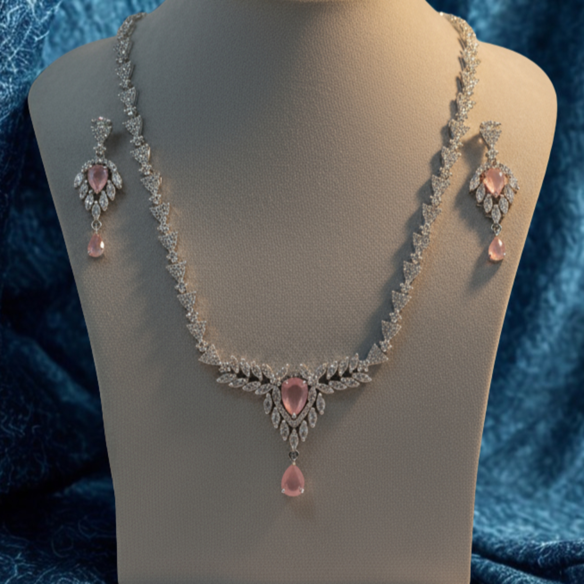 Elegant Silver Color Necklace Set With Pink And White Stones - view 2