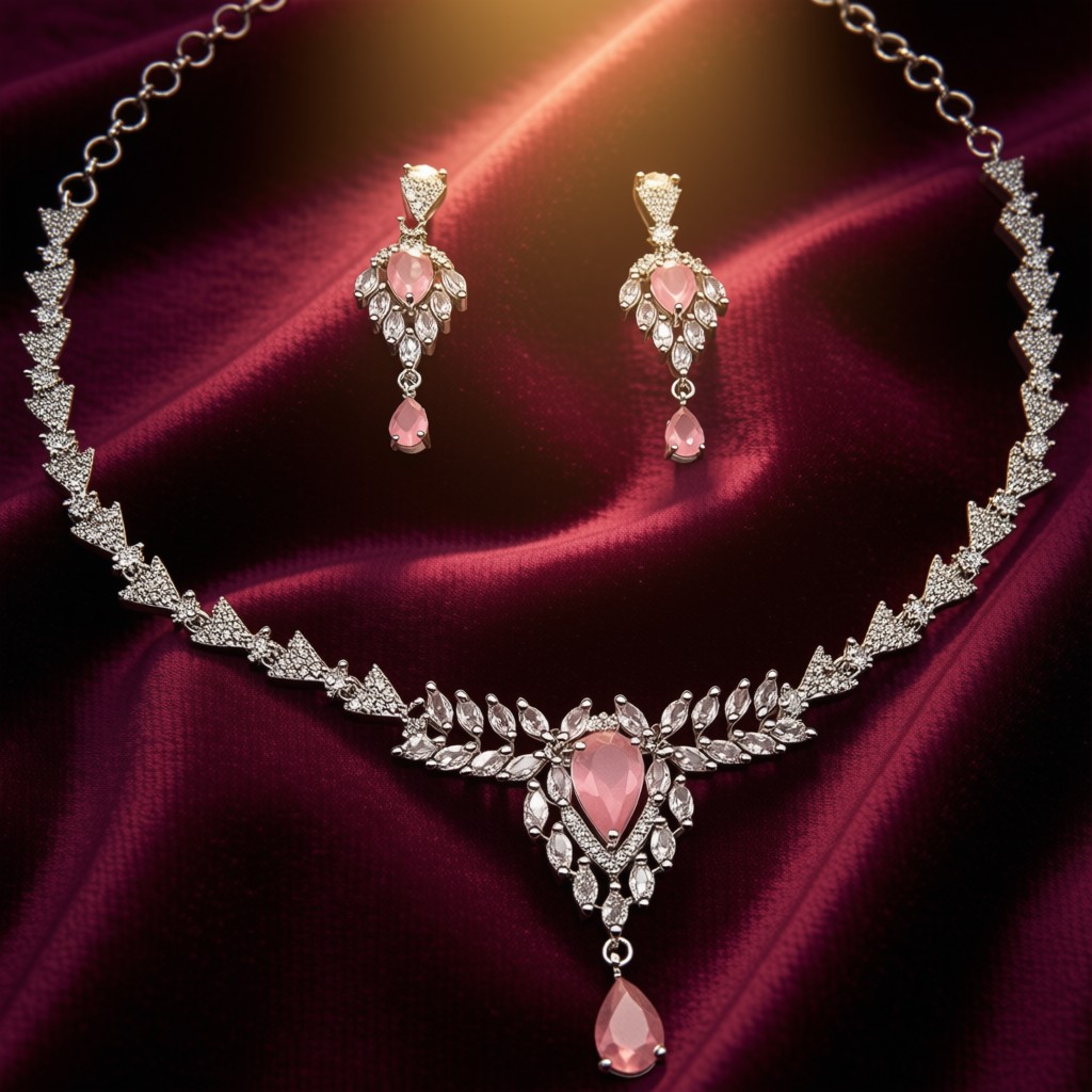 Elegant Silver Color Necklace Set With Pink And White Stones - view 3