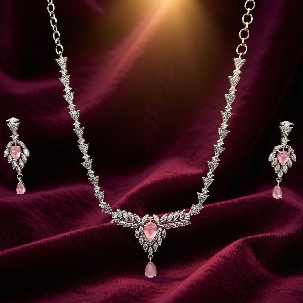 Elegant Silver Color Necklace Set With Pink And White Stones - view 4