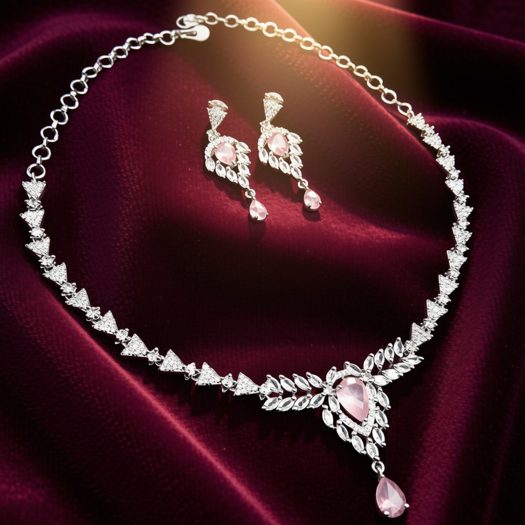 Elegant Silver Color Necklace Set With Pink And White Stones - view 5