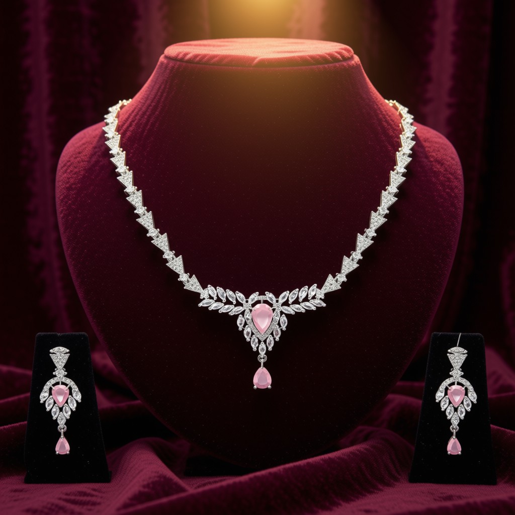 Elegant Silver Color Necklace Set With Pink And White Stones