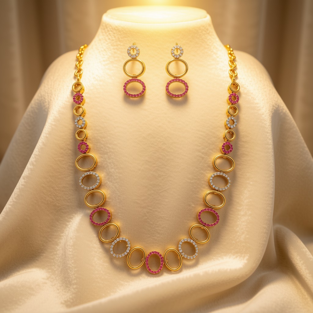 Elegant Ruby & White Oval Link Necklace Set
