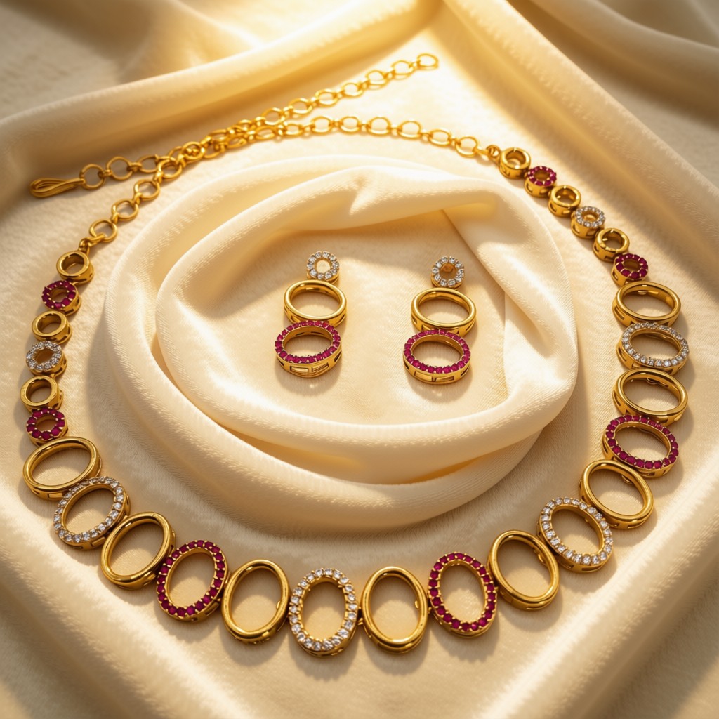 Elegant Ruby & White Oval Link Necklace Set - view 3