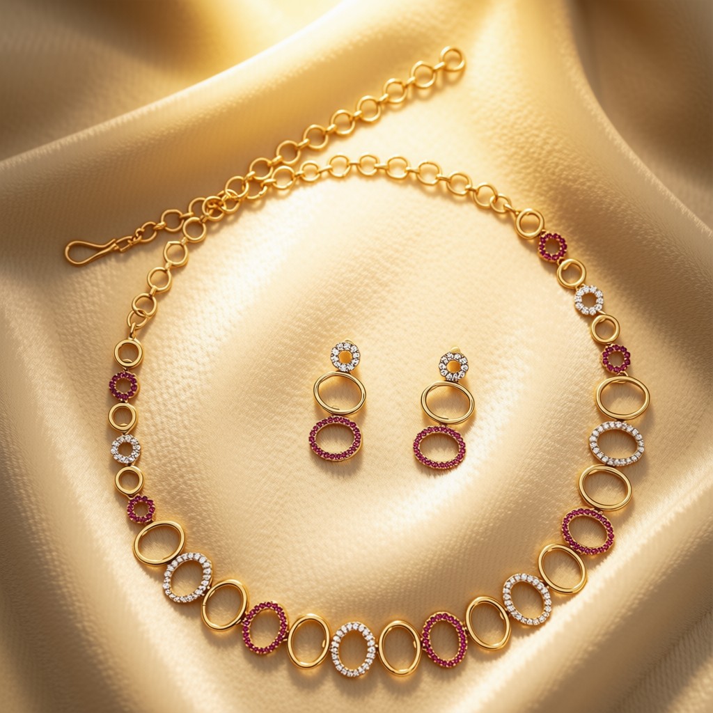 Elegant Ruby & White Oval Link Necklace Set - view 5