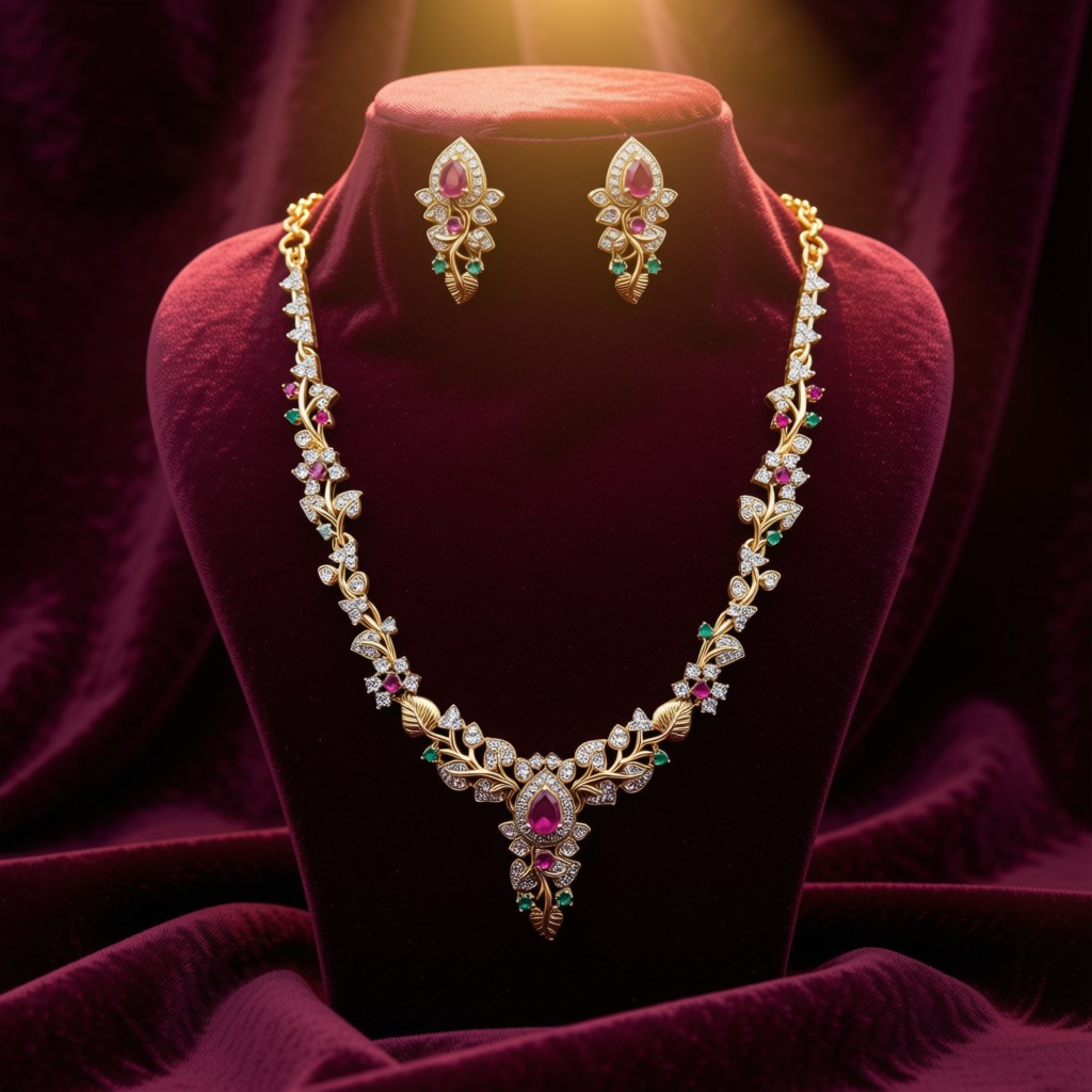 Antique Gold Floral Vine Necklace Set With Ruby & Emerald Stones