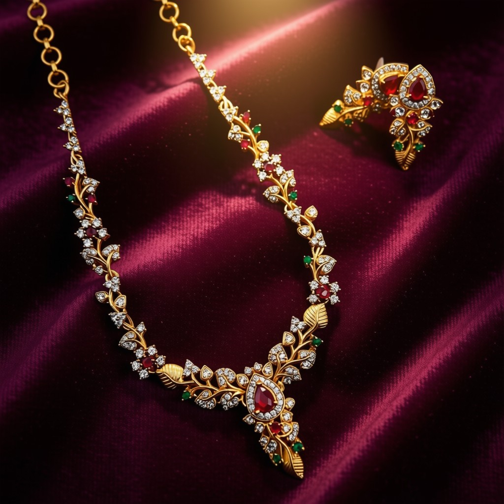 Antique Gold Floral Vine Necklace Set With Ruby & Emerald Stones - view 2