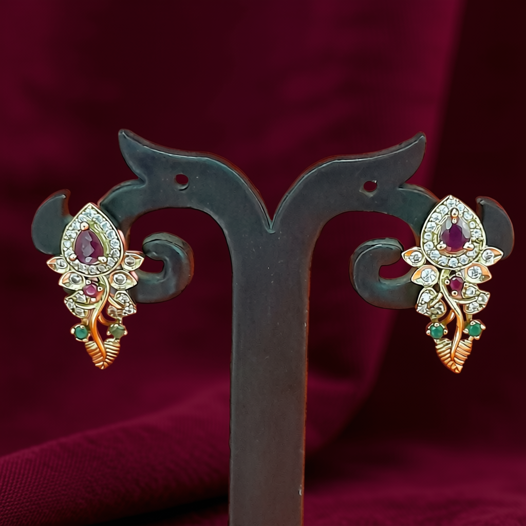 Antique Gold Floral Vine Necklace Set With Ruby & Emerald Stones - view 3