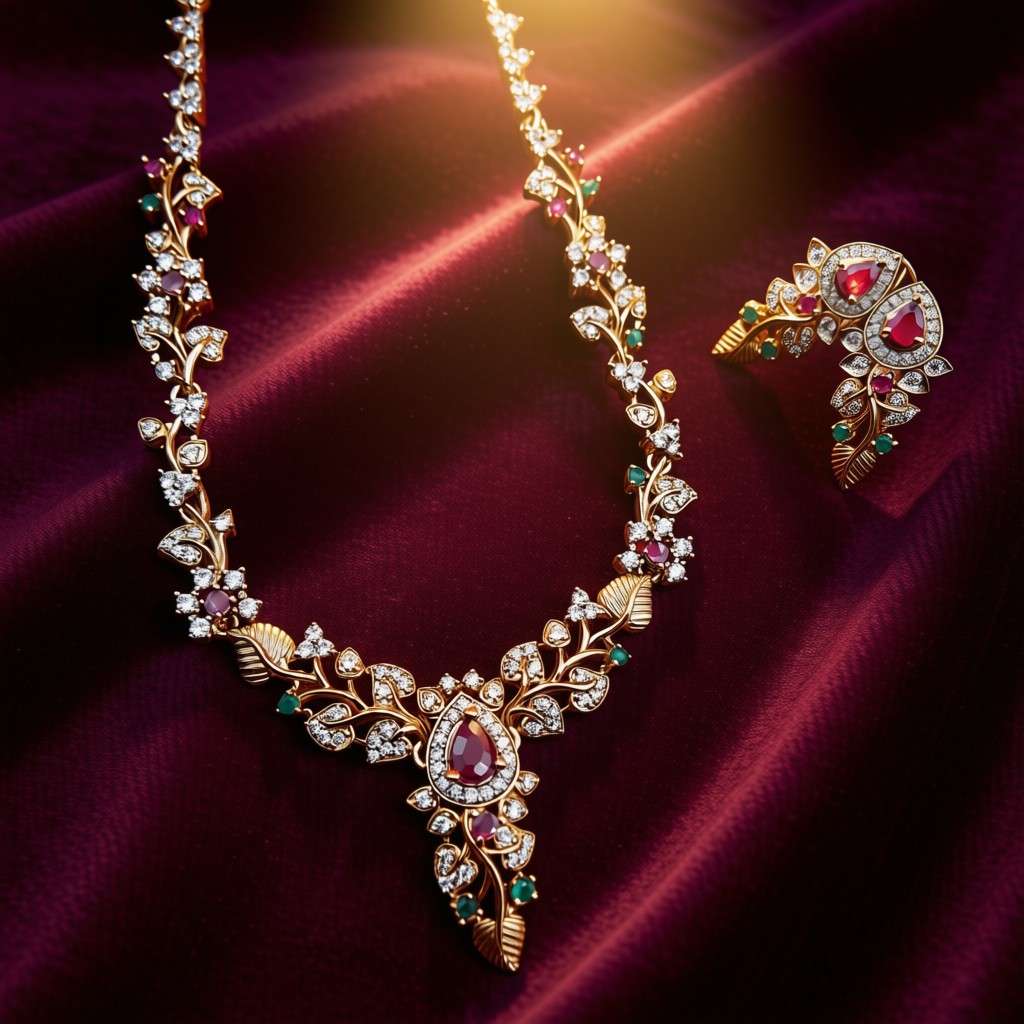 Antique Gold Floral Vine Necklace Set With Ruby & Emerald Stones - view 4
