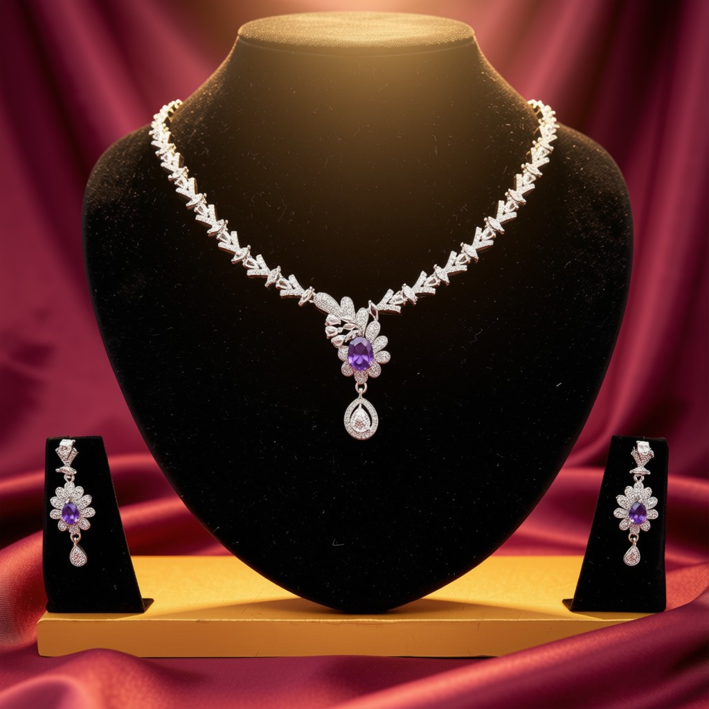 Silver-Color Necklace Set with Purple Crystal Pendant