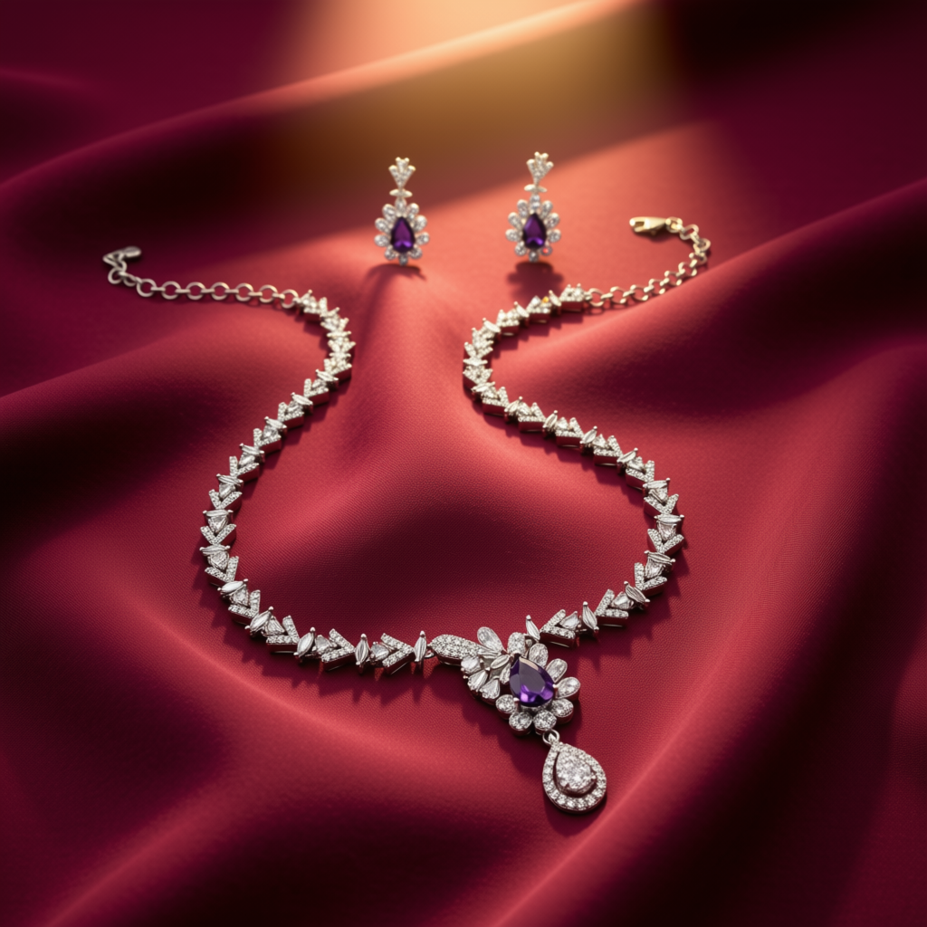Silver-Color Necklace Set with Purple Crystal Pendant - view 2