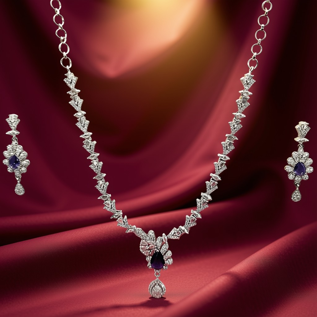 Silver-Color Necklace Set with Purple Crystal Pendant - view 3