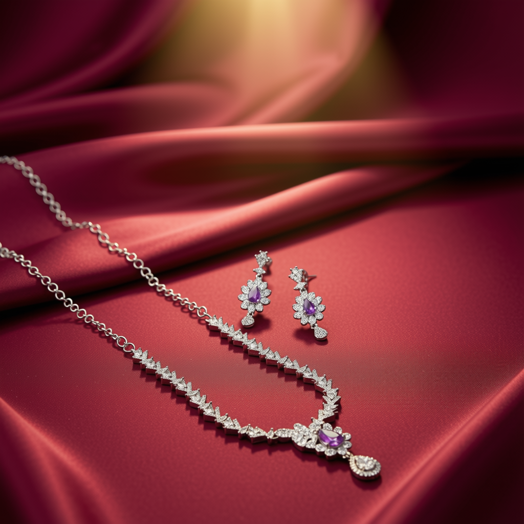 Silver-Color Necklace Set with Purple Crystal Pendant - view 4