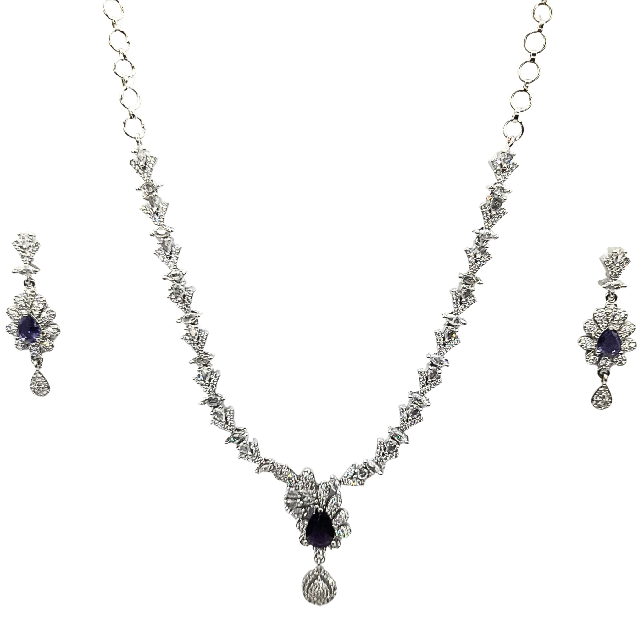 Silver-Color Necklace Set with Purple Crystal Pendant - view 5