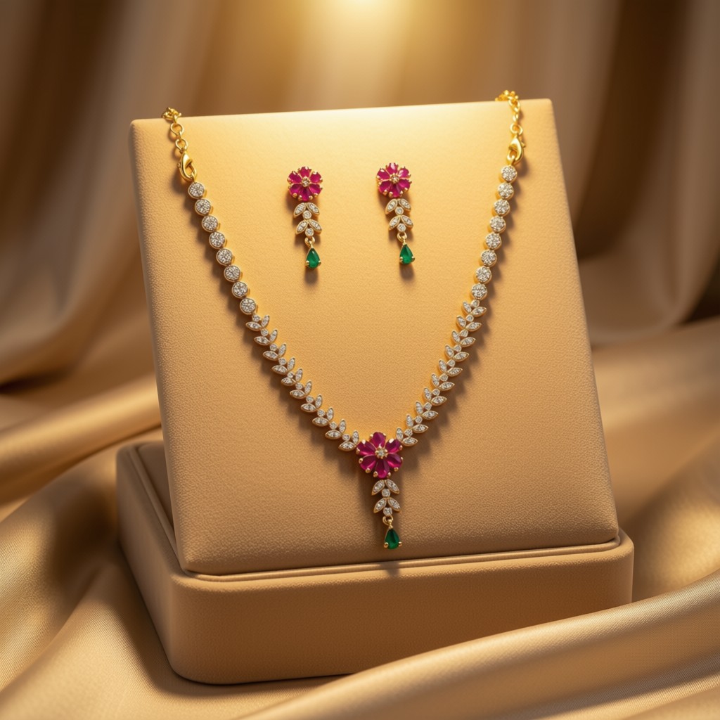 Traditional necklace set featuring floral ruby stones