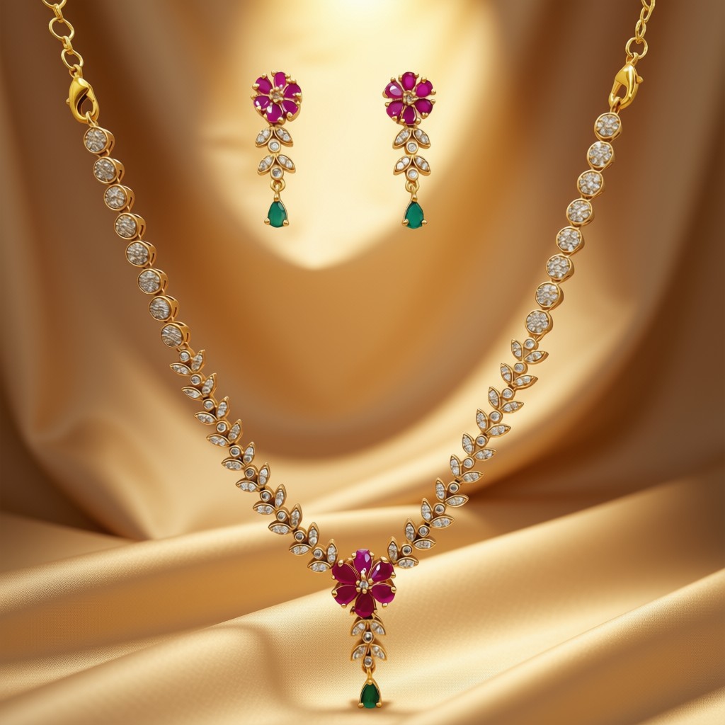  Traditional necklace set featuring floral ruby stones - view 3