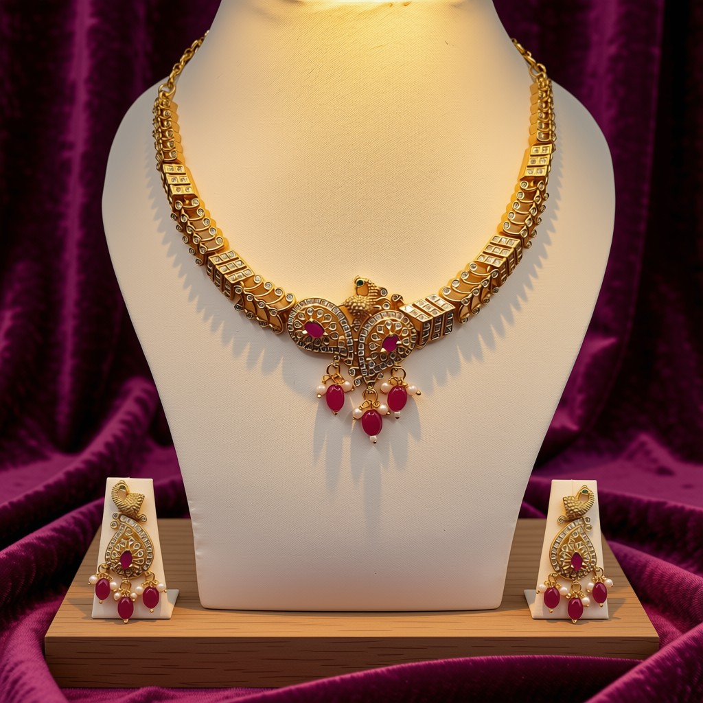 Stunning Peacock Choker Set With Ruby Drops