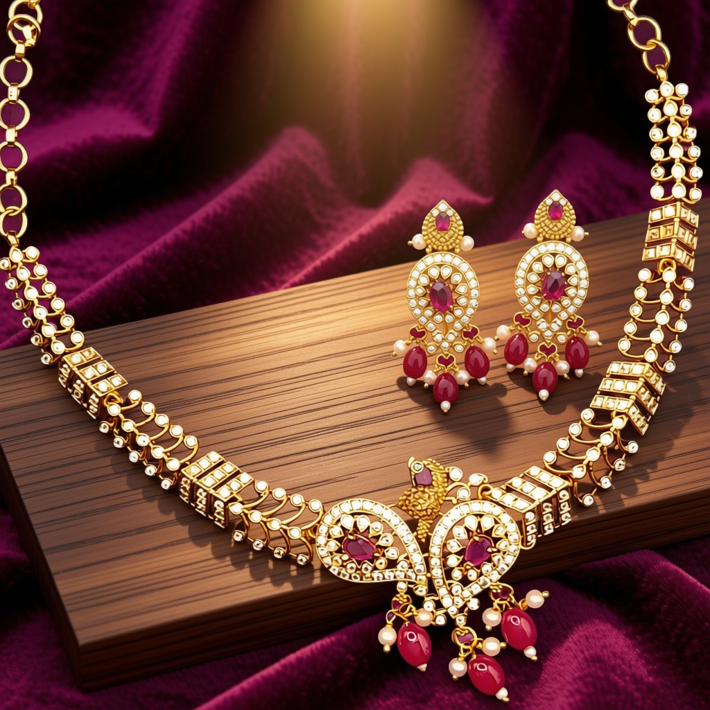 Stunning Peacock Choker Set With Ruby Drops - view 2