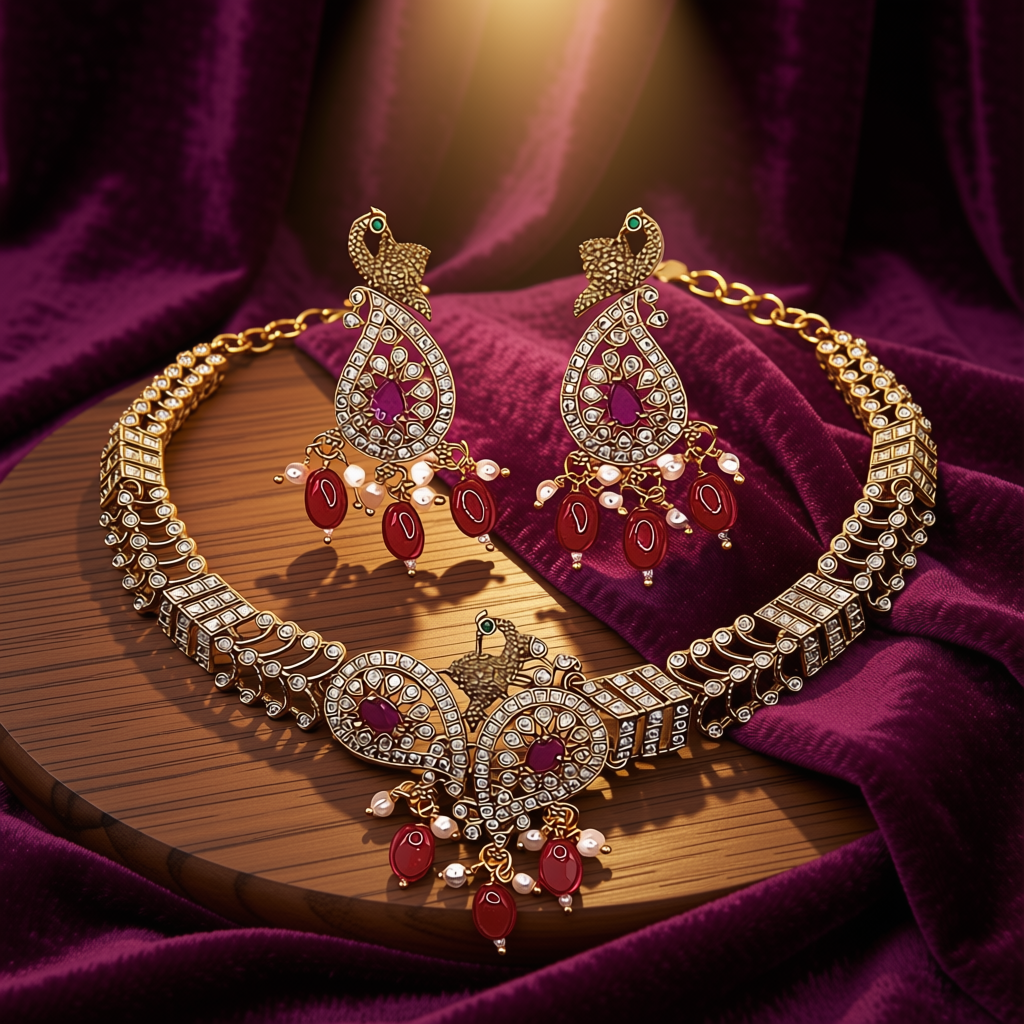 Stunning Peacock Choker Set With Ruby Drops - view 3