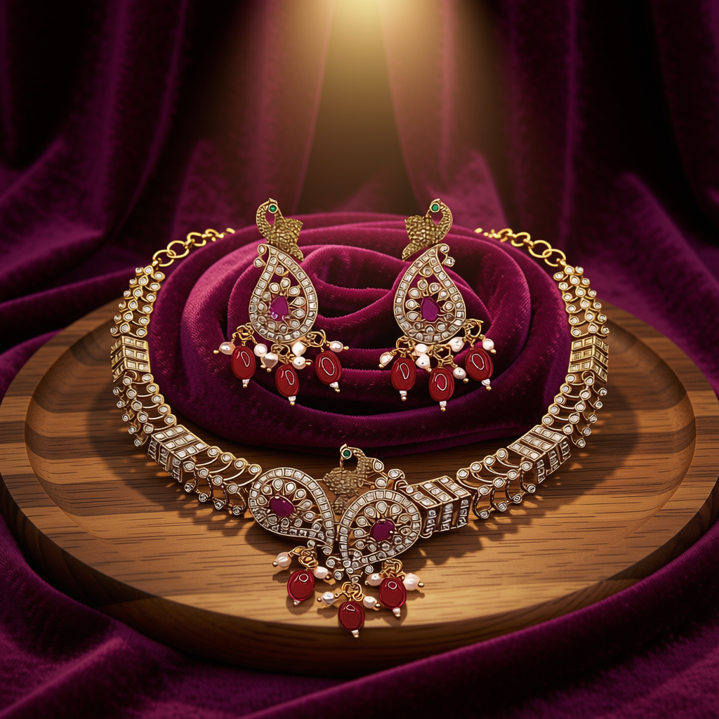 Stunning Peacock Choker Set With Ruby Drops - view 4