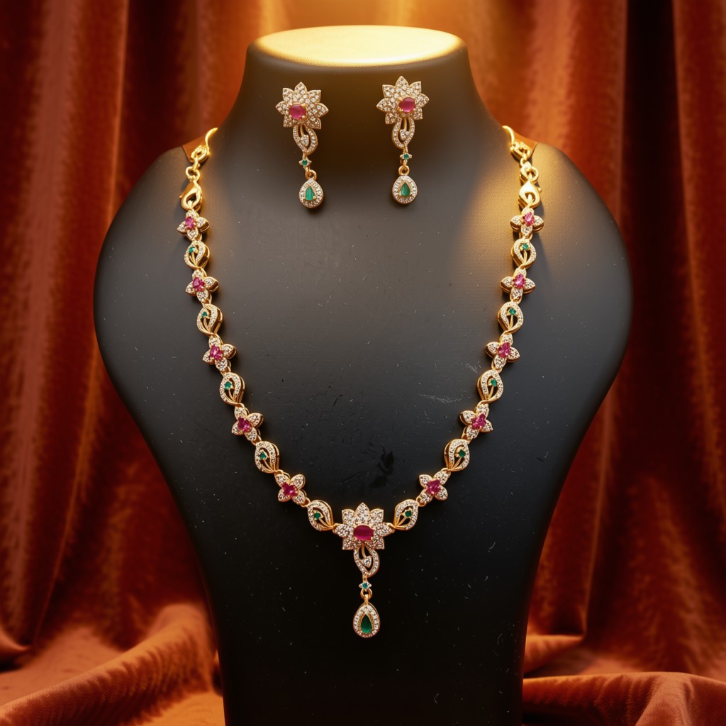 Gold-Tone Necklace Set Featuring White, Green, And Ruby Stones