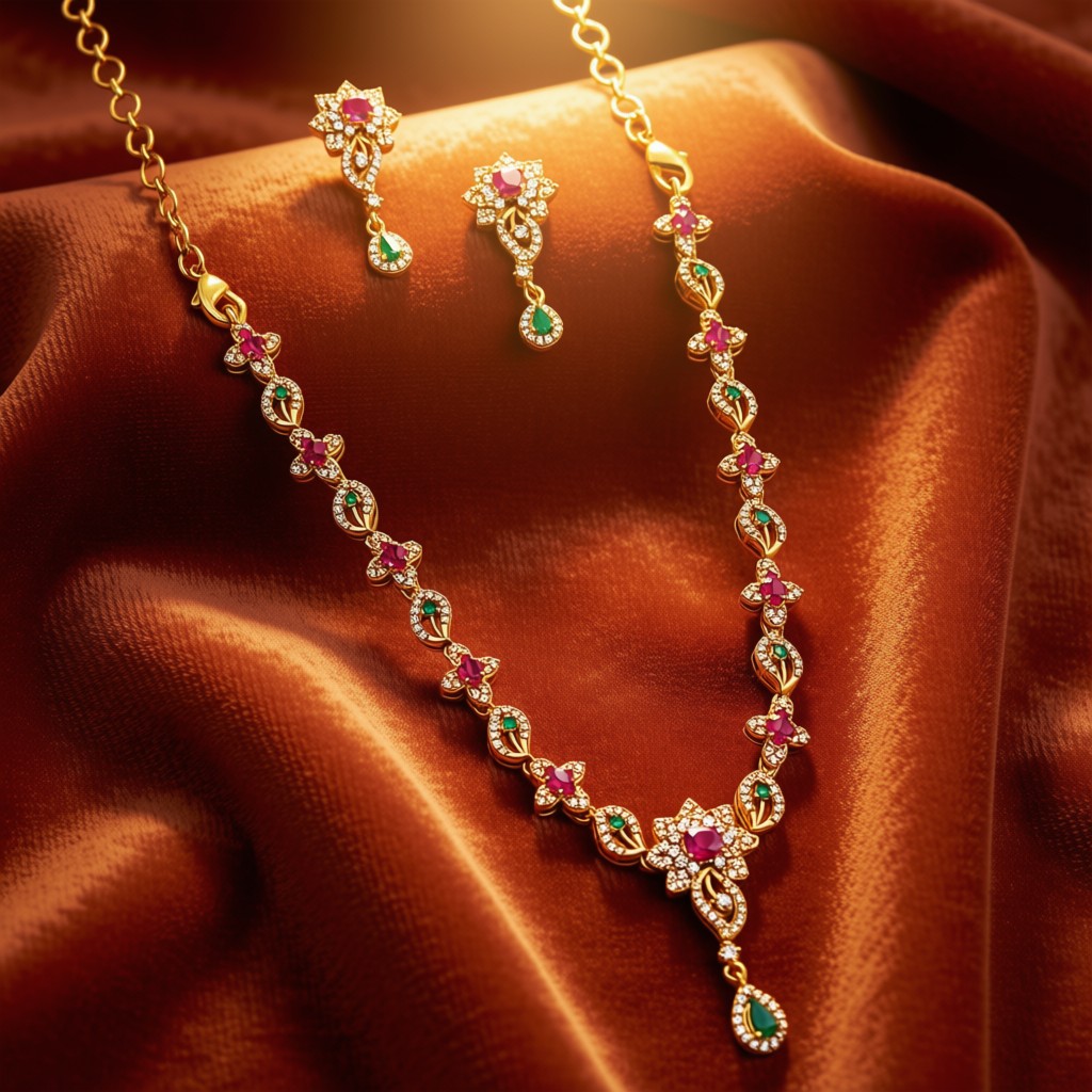 Gold-Tone Necklace Set Featuring White, Green, And Ruby Stones - view 2