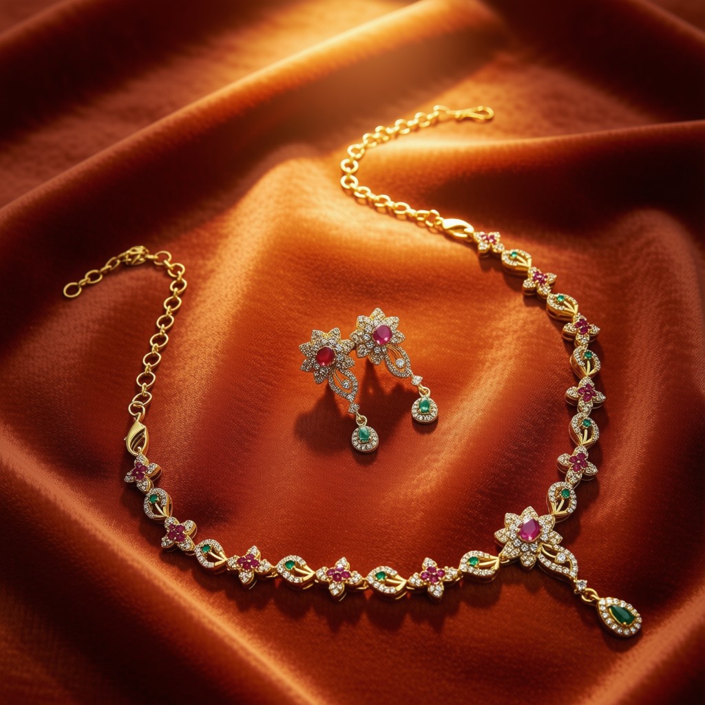 Gold-Tone Necklace Set Featuring White, Green, And Ruby Stones - view 3