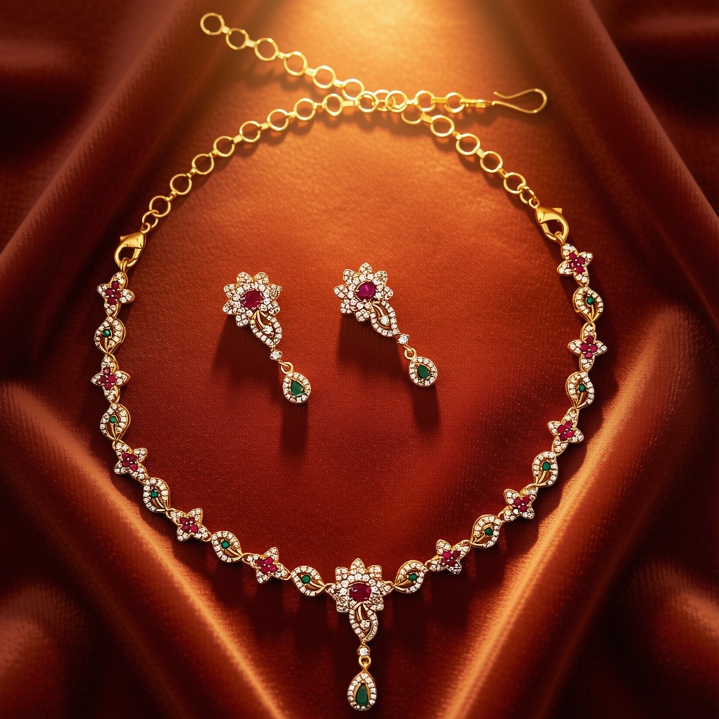Gold-Tone Necklace Set Featuring White, Green, And Ruby Stones - view 4