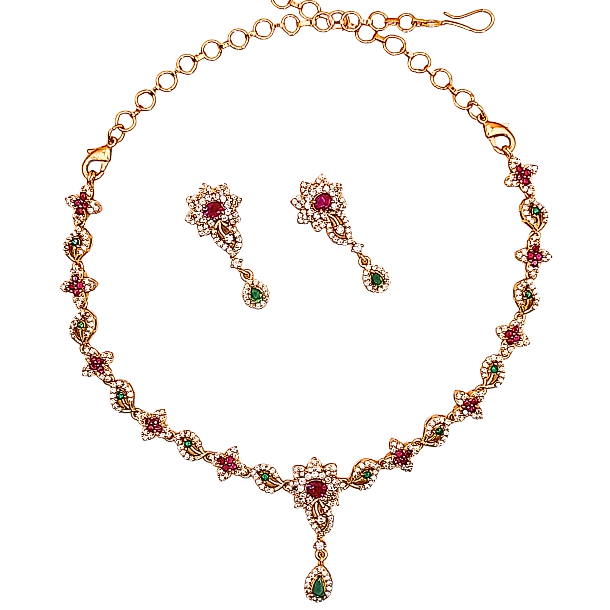 Gold-Tone Necklace Set Featuring White, Green, And Ruby Stones - view 5