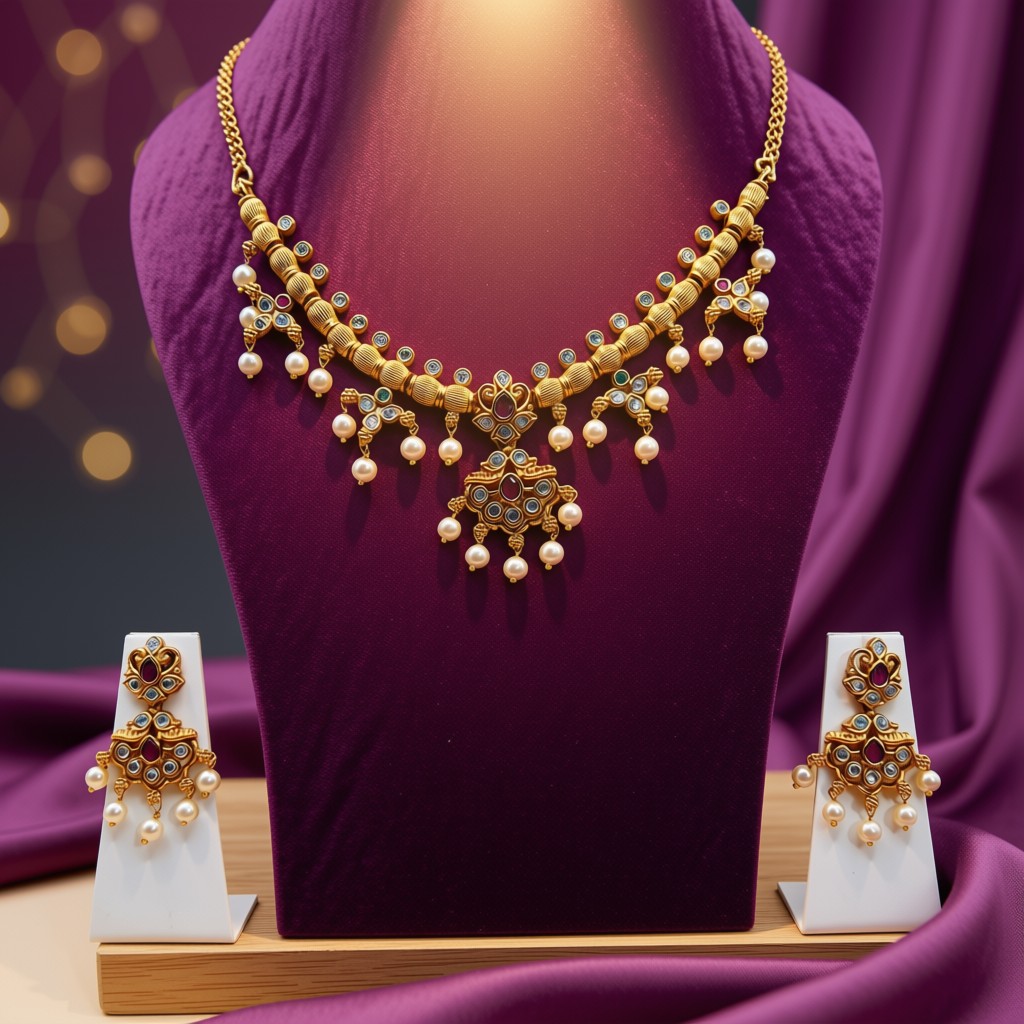 Antique Gold Kundan Pearl Necklace Set - view 2