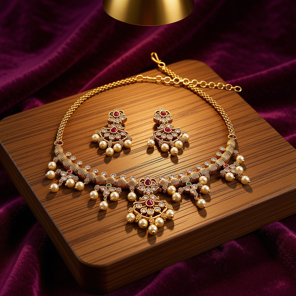 Antique Gold Kundan Pearl Necklace Set - view 3