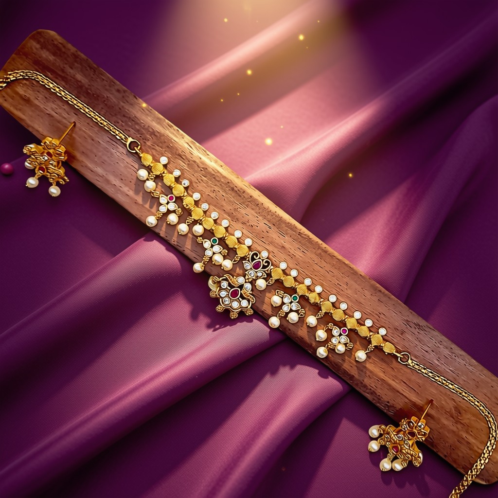 Antique Gold Kundan Pearl Necklace Set - view 4