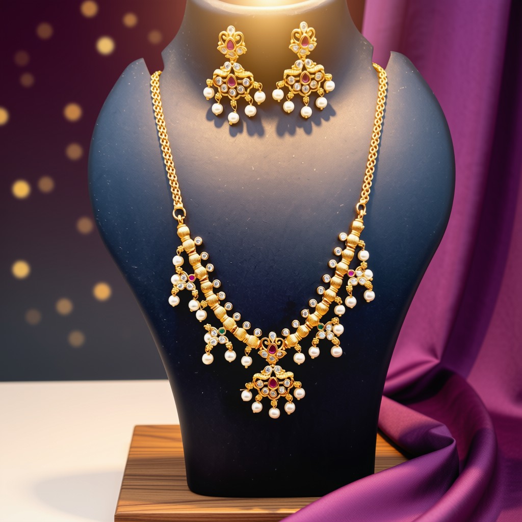 Antique Gold Kundan Pearl Necklace Set - view 5
