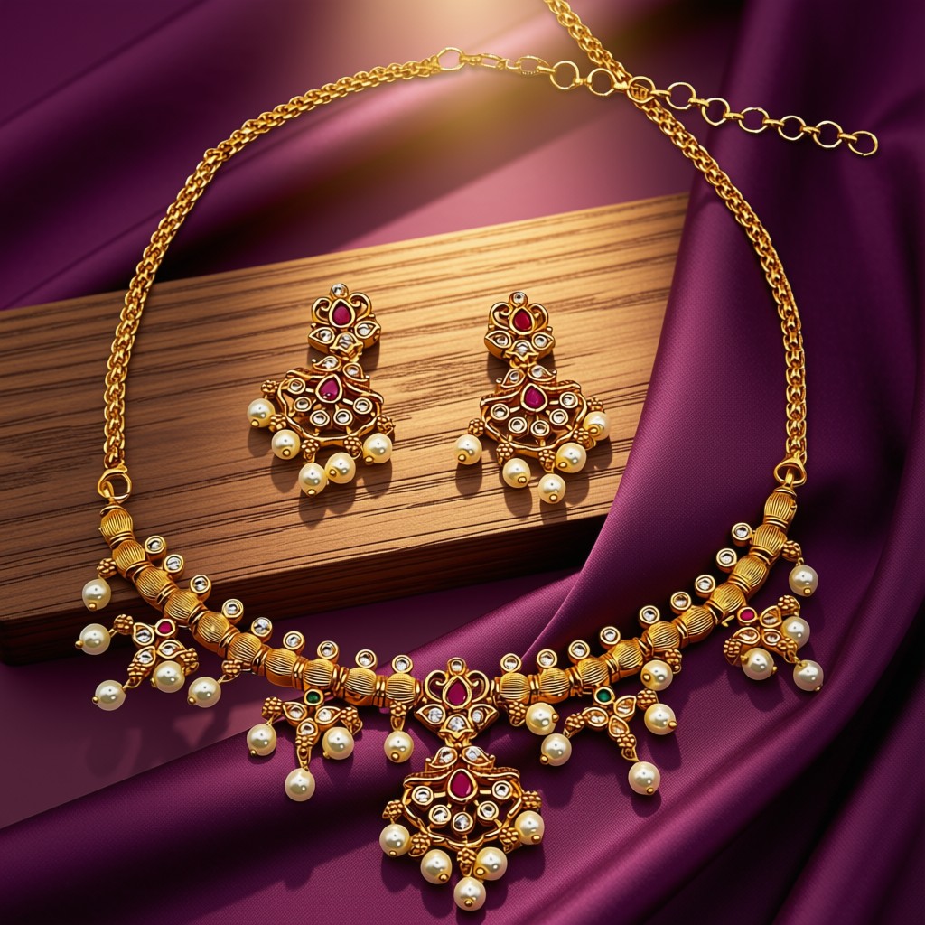 Antique Gold Kundan Pearl Necklace Set