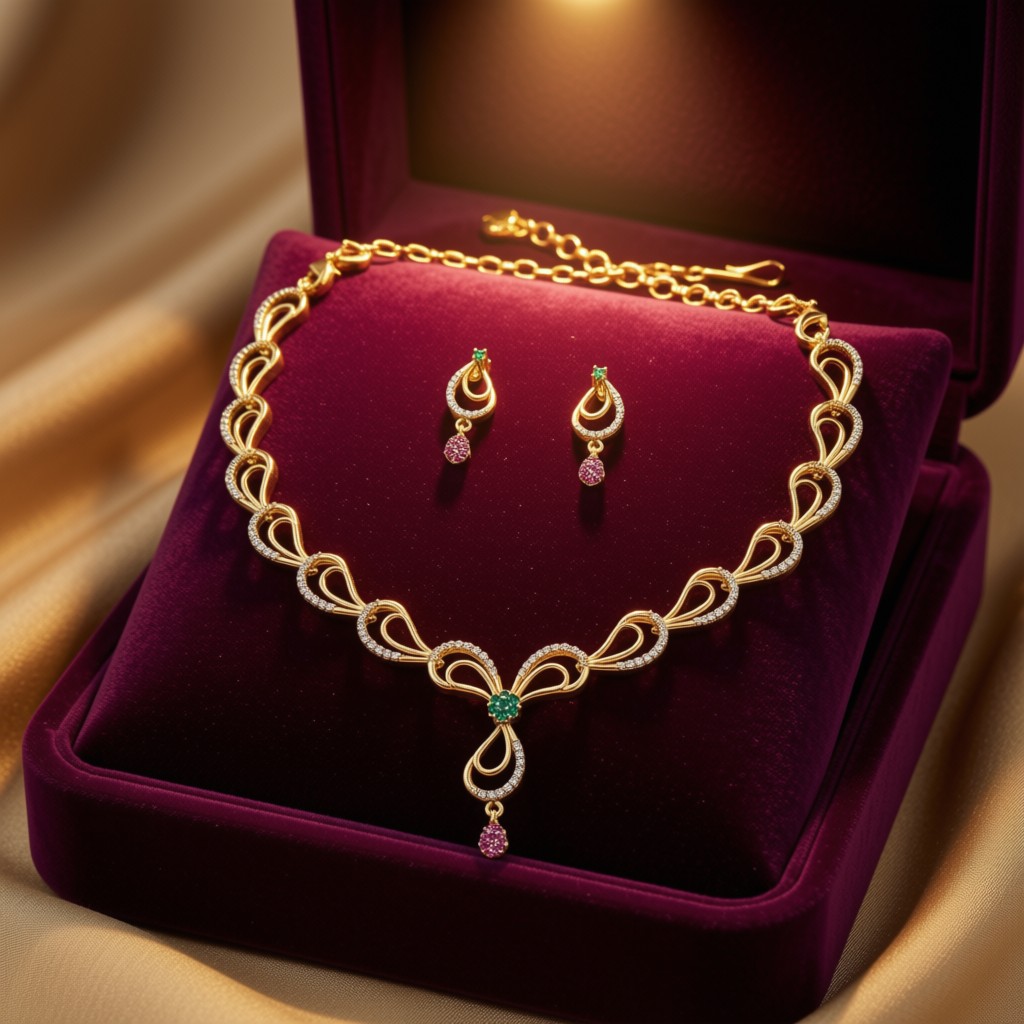 Paisley Loop Emerald & Ruby Necklace Set - view 2