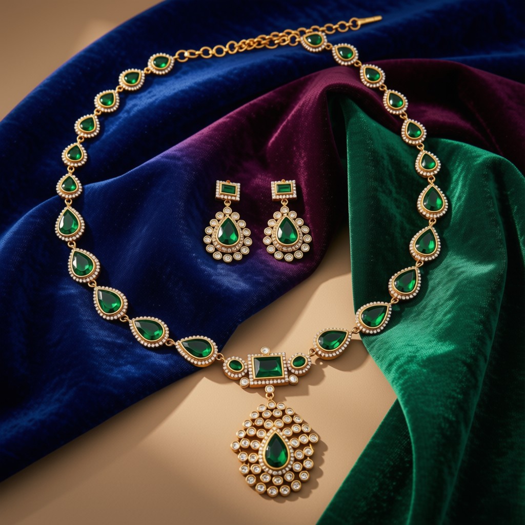 Emerald Teardrop Halo Necklace Set - view 2