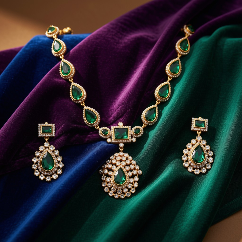 Emerald Teardrop Halo Necklace Set - view 3