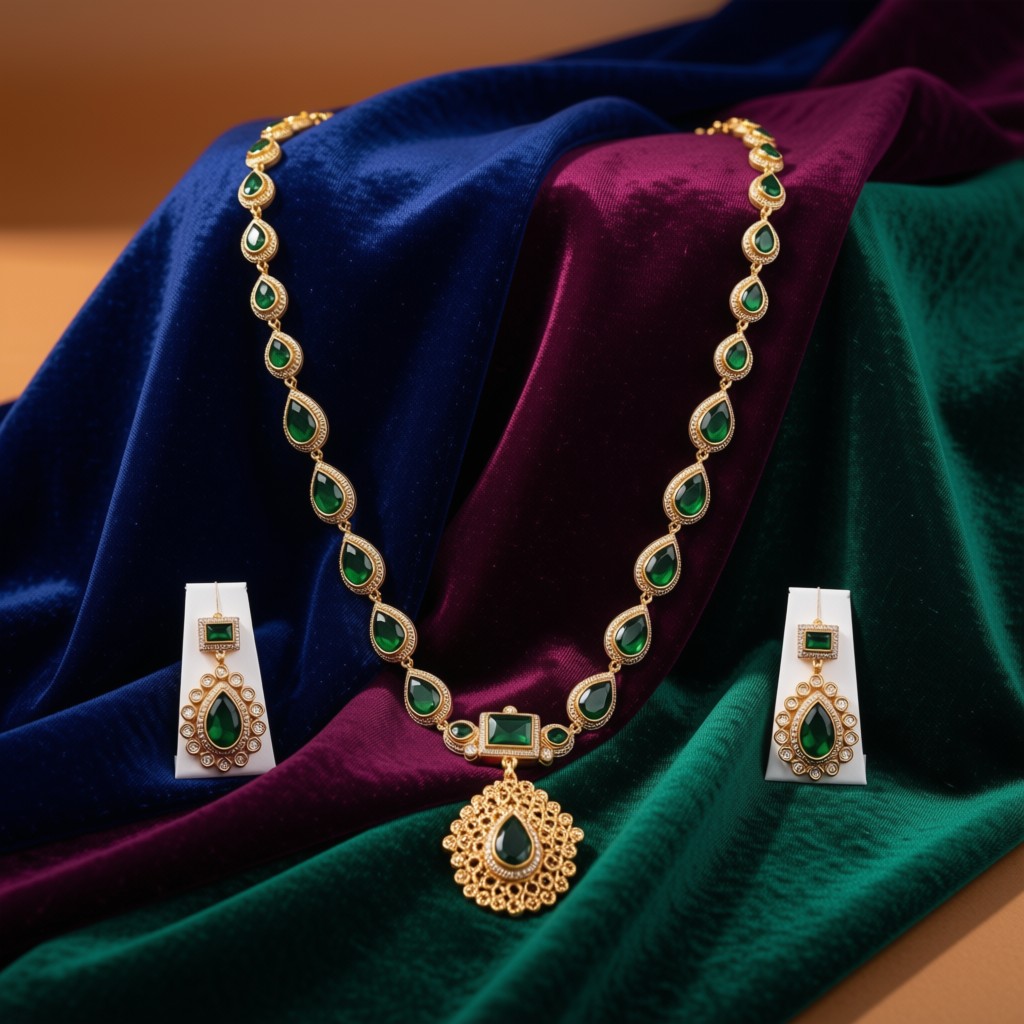 Emerald Teardrop Halo Necklace Set - view 4
