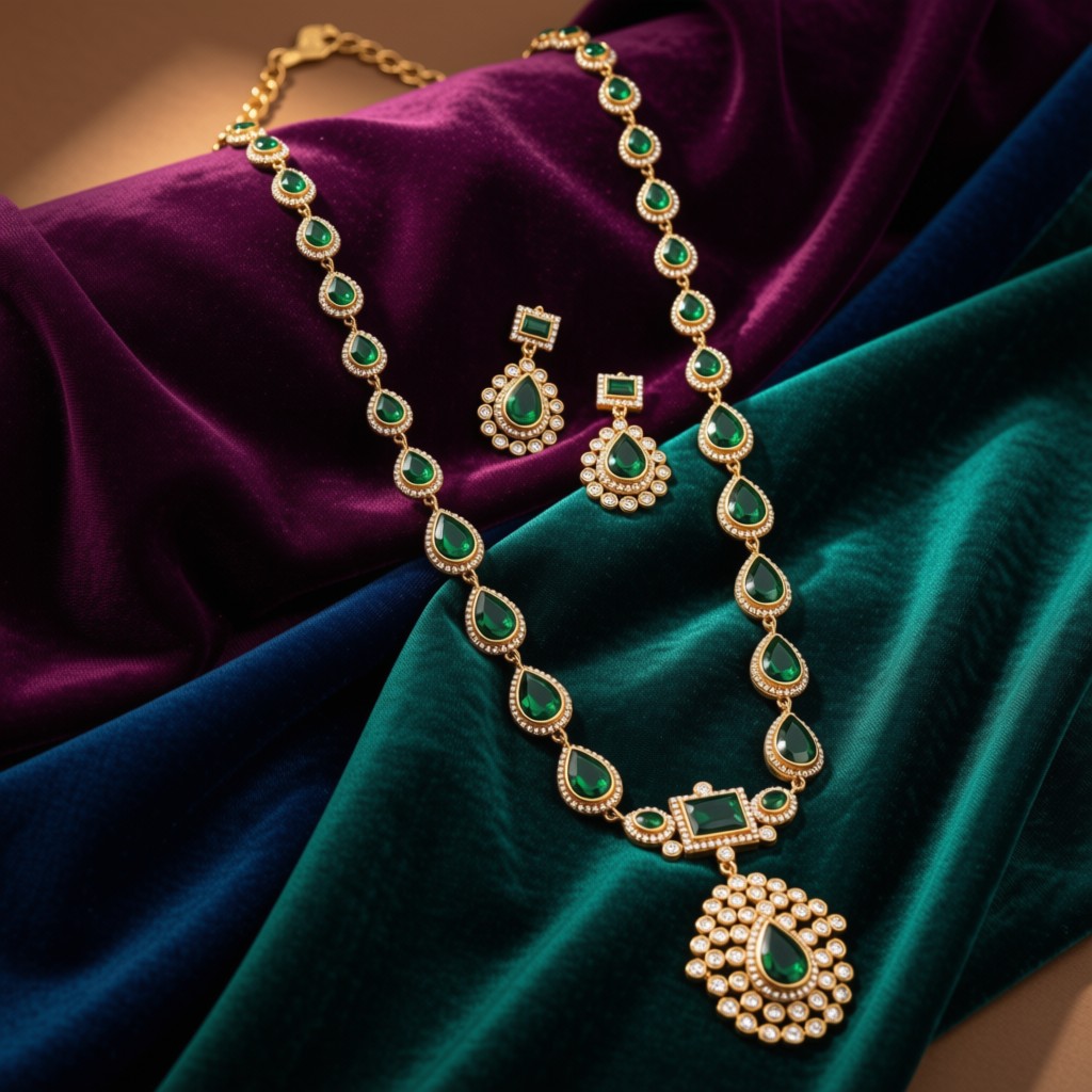 Emerald Teardrop Halo Necklace Set - view 5